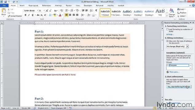 MS Word Restricting editing for all or part of a document