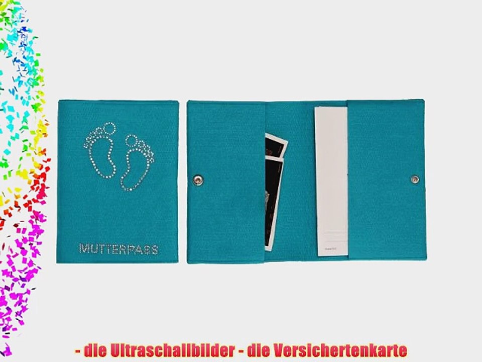 t?rkise Mutterpass-Tasche mit Strass-Bild Baby-F??e und Strass-Schrift Mutterpass