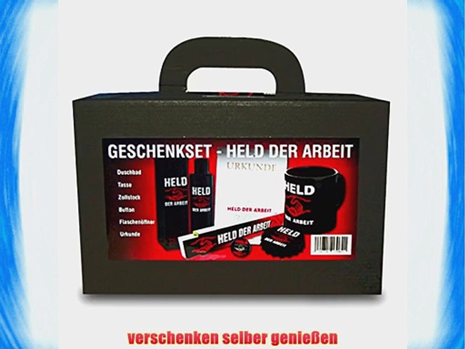 Geschenkset Held der Arbeit 6-teilig Duschbad Zollstock Flaschen?ffner Button Tasse Urkunde