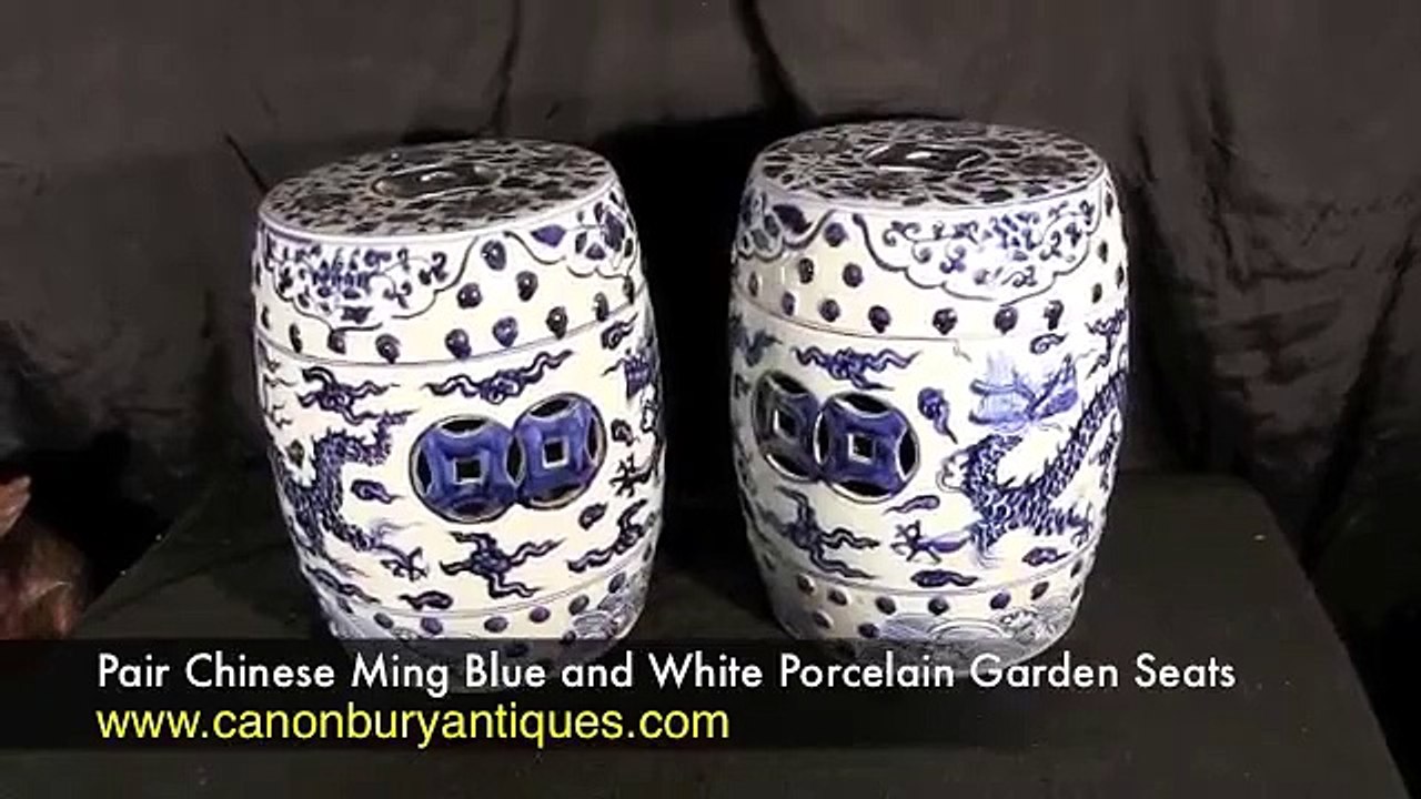 Pair Chinese Ming Blue and White Porcelain Garden Seats Stools Urns
