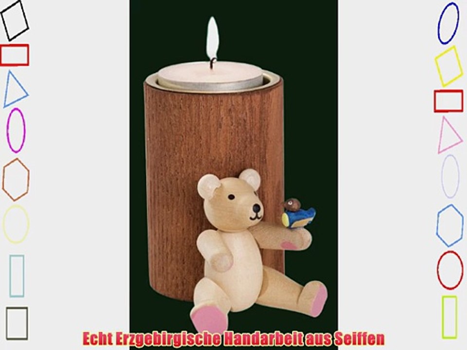 Braune Stumpenkerze Teddy mit Vogel Teelichthalter Kerze Erzgebirge NEU 04365