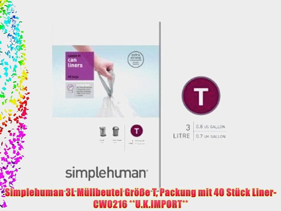Simplehuman 3L M?llbeutel Gr??e T Packung mit 40 St?ck Liner-CW0216 **U.K.IMPORT**