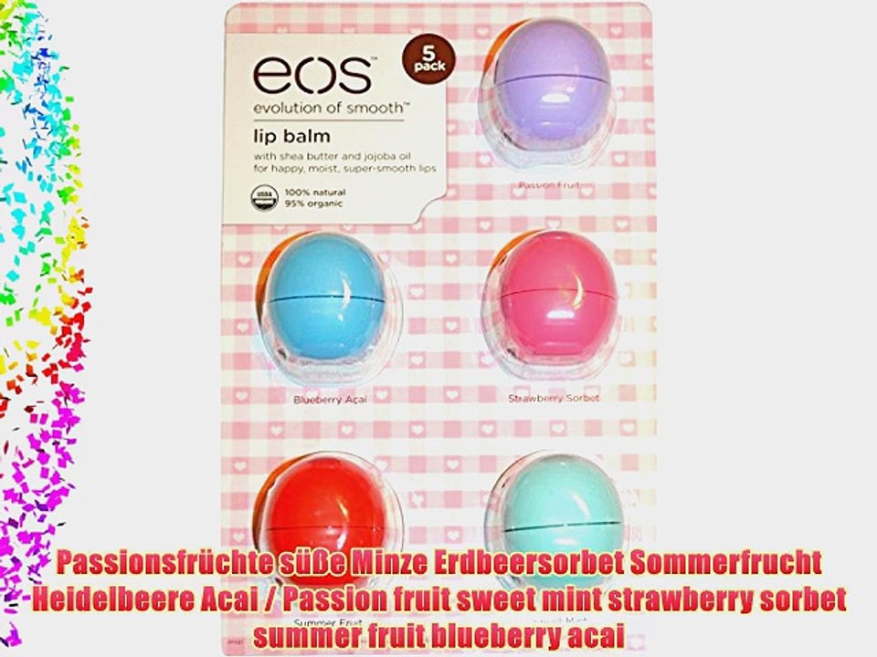 Neu! eos Organic Lip Balm 5er-Pack Passionsfr?chte s??e Minze Erdbeersorbet Sommerfrucht Heidelbeere