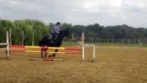 Chute: Jeune cheval sort en CSO, cavalier en avant