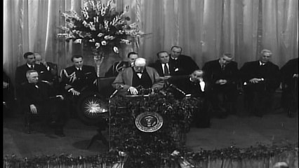 Winston Churchill's "Iron Curtain speech" regarding USSR and Eastern Bloc, at Wes...HD Stock Footage