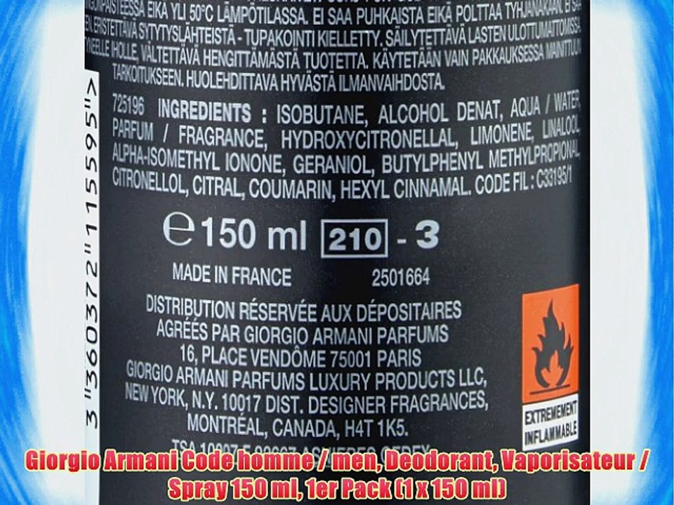 Giorgio Armani Code homme / men Deodorant Vaporisateur / Spray 150 ml 1er Pack (1 x 150 ml)