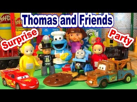 Thomas The Train Surprise Party with Lightning McQueen, Cookie Monster, Teletubbies, and Dora The Ex