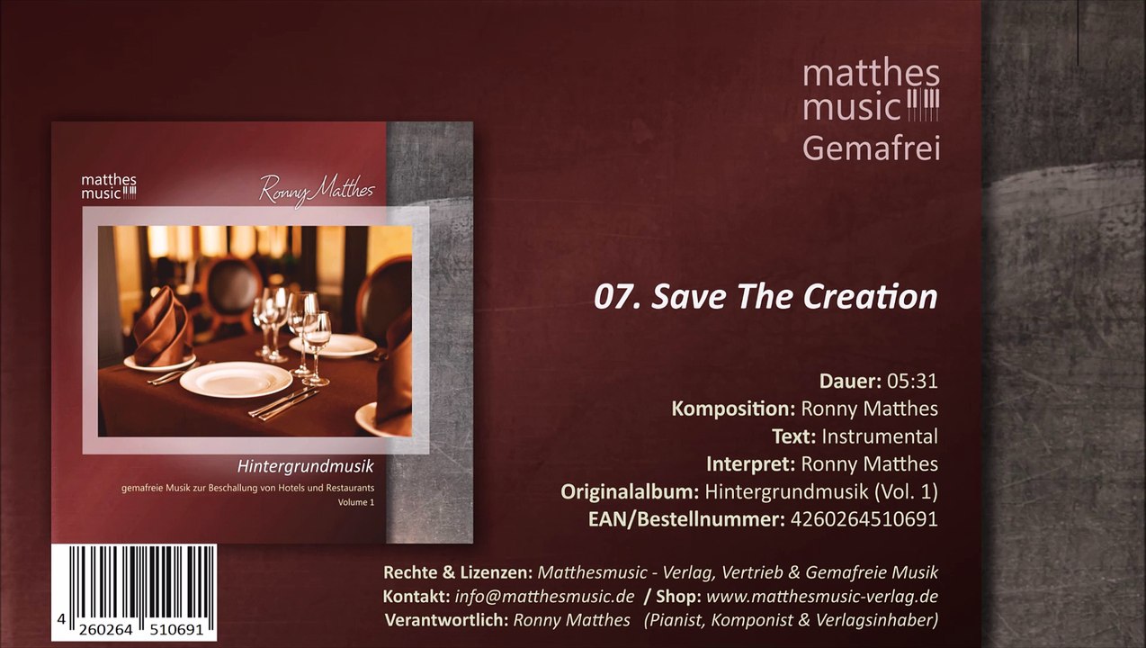 Save The Creation - Gemafreie Filmmusik (07/13) - CD: Hintergrundmusik zur Beschallung (Vol. 1)