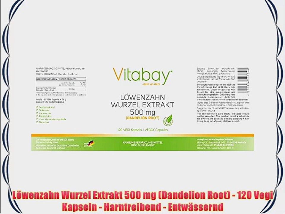 L?wenzahn Wurzel Extrakt 500 mg (Dandelion Root) - 120 Vegi Kapseln - Harntreibend - Entw?ssernd