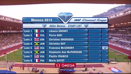 400m F – DL Monaco 2015, victoire de Francesca McCorory (49''83, MPM), Floria Gueï casse la barrière des 51''