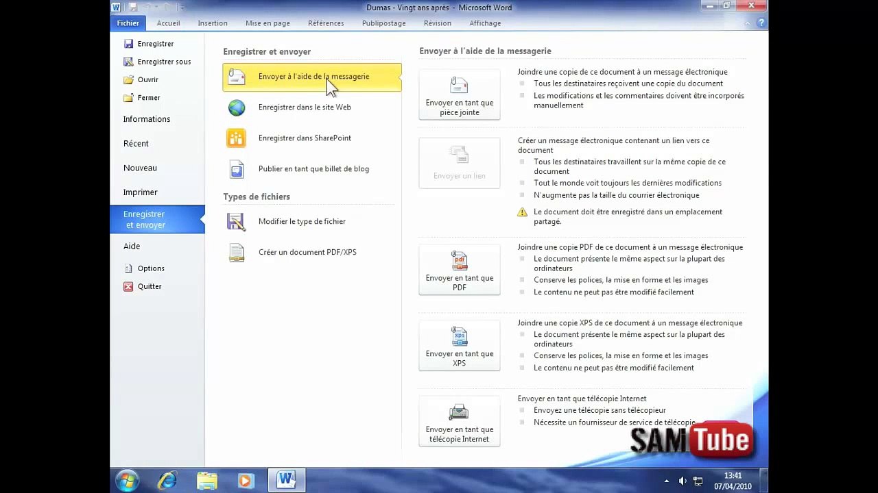 apprendre word 2010 - (50) Envoyer un document par e mail
