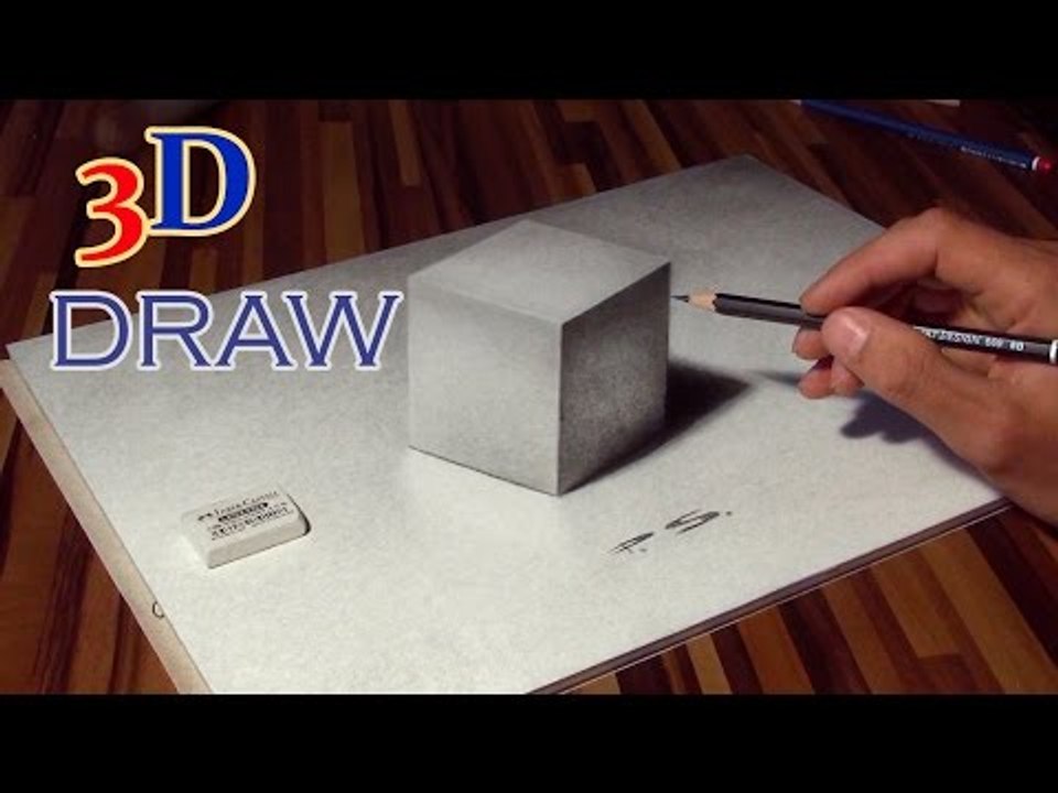 Drawing of a CUBE in 3D ! optical illusion (anamorphic)