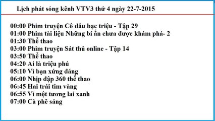 Lịch phát sóng kênh VTV3 thứ 4 ngày 22-7-2015