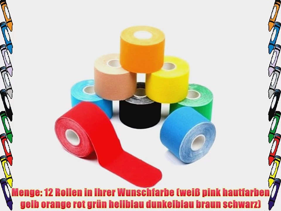 12 Rollen Kinesiologie Tape 5 m x 50 cm in 11 Farben Farbe:bunt