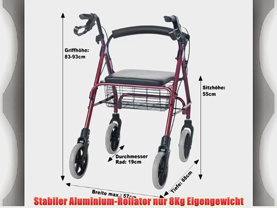 Aluminium Rollator rot extra leicht und schmal - passt durch jede T?re! Gehhilfe aus Alu mit