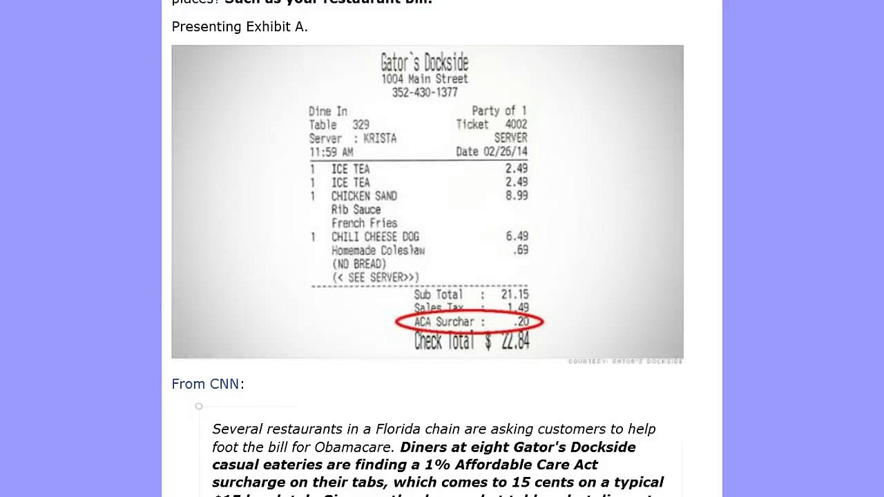 Obamacare now appearing on your Restaurant Bill