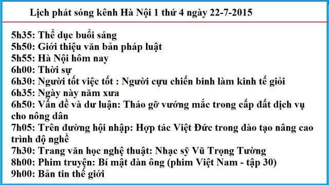 Lịch phát sóng kênh Hà Nội 1 thứ 4 ngày 22-7-2015