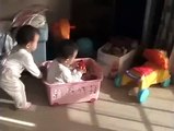 Twin Babies Push Cart Back and Forth