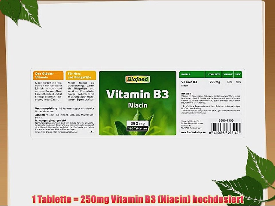 Biofood Vitamin B3 (Niacin) 250mg hochdosiert 150 Tabletten - Achtung: mit Flush-Effekt