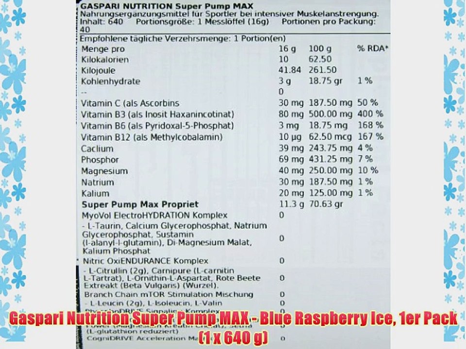 Gaspari Nutrition Super Pump MAX - Blue Raspberry Ice 1er Pack (1 x 640 g)