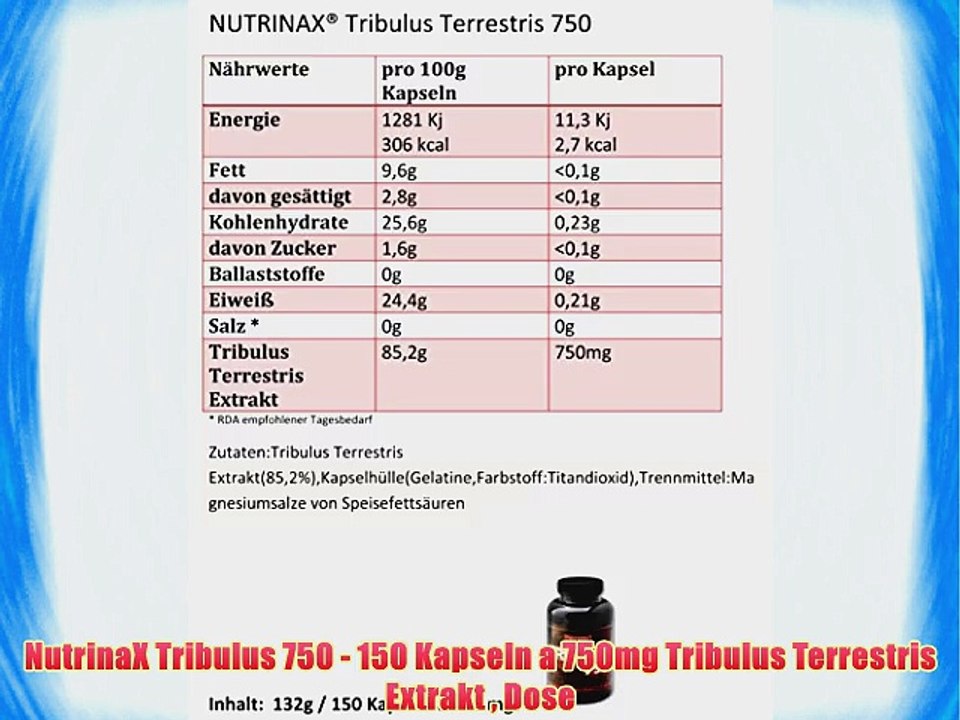 NutrinaX Tribulus 750 - 150 Kapseln a 750mg Tribulus Terrestris Extrakt  Dose