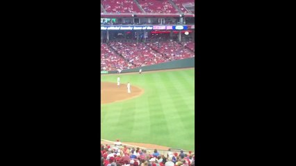 Video herunterladen: Ce fan de baseball se filme en train de courir sur le terrain en plein match et de s'échapper en sautant par dessus les barrières