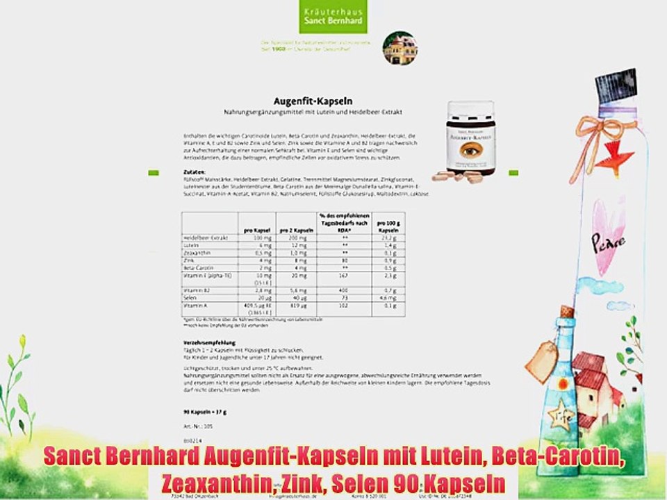Sanct Bernhard Augenfit-Kapseln mit Lutein Beta-Carotin Zeaxanthin Zink Selen 90 Kapseln