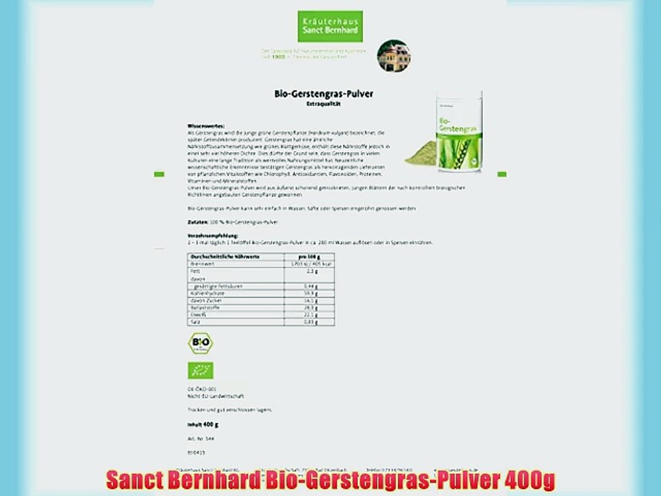 Sanct Bernhard Bio-Gerstengras-Pulver 400g
