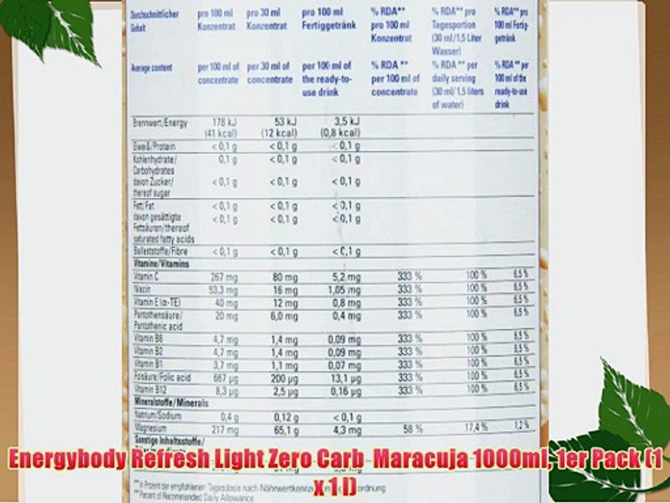 Energybody Refresh Light Zero Carb  Maracuja 1000ml 1er Pack (1 x 1 l)