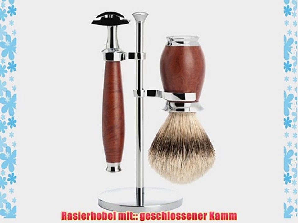 M?HLE - 3-tlg. Rasierset Silberspitz Dachszupf / Rasierhobel - PURIST Serie - Griffe Bruy?re-Holz