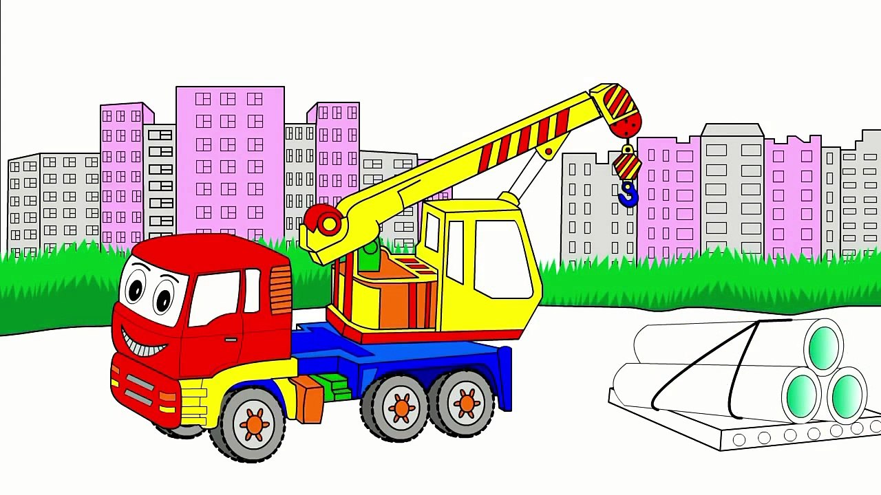 Let’s color a crane! Cartoon about a crane  Cartoon cars