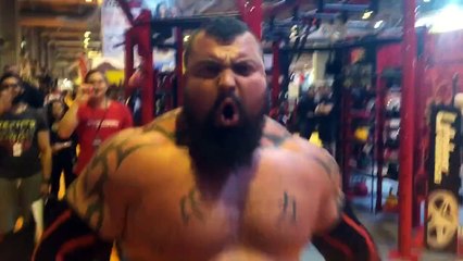Eddie Hall aka The Beast has some fun shouting at camera in BodyPower 2015