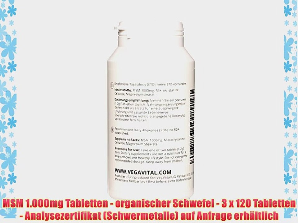 MSM 1.000mg Tabletten 3 x 120 Stk. von VegaVital inkl. Analysezertifikat Methylsulfonylmethan