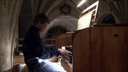 Junger Mann auf alter Orgel