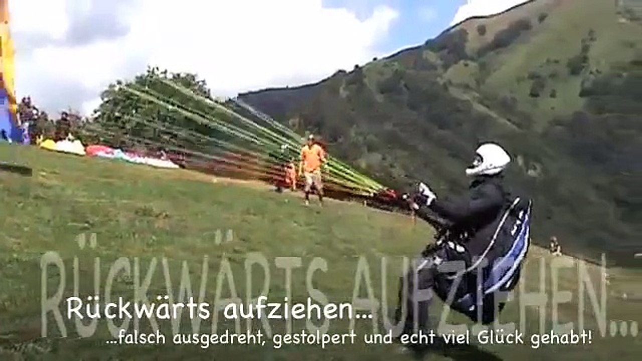 Gleitschirm rückwärts aufziehen, falsch laufen, falsch herum ausdrehen, beinahe Crash