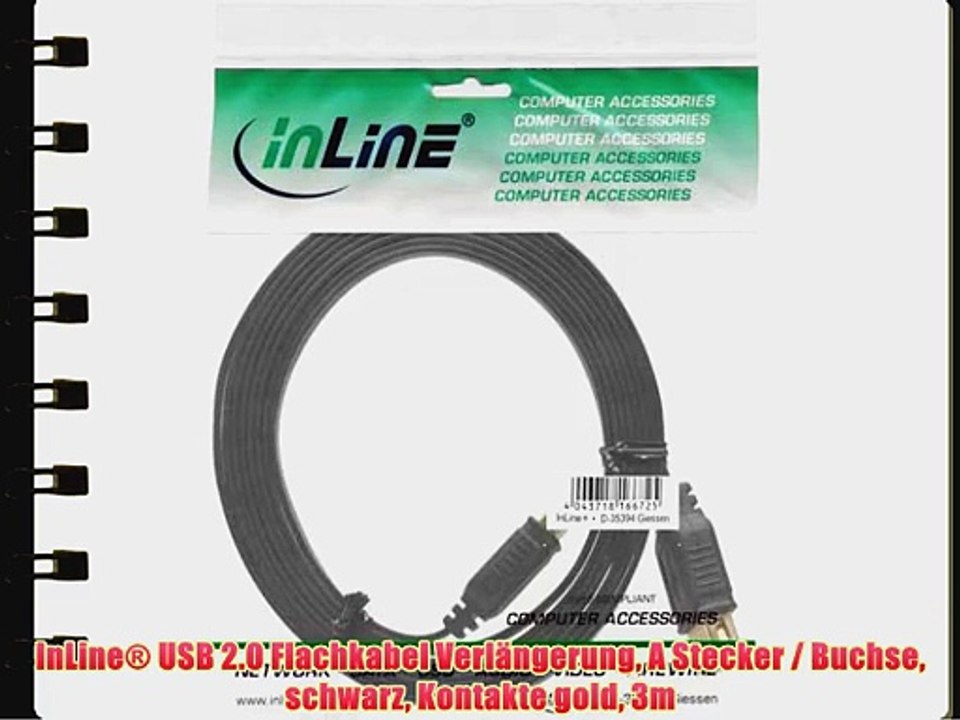 InLine? USB 2.0 Flachkabel Verl?ngerung A Stecker / Buchse schwarz Kontakte gold 3m