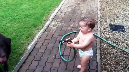 baby spraying dogs with water