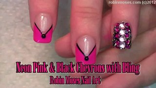 2 Nail Art Tutorials   DIY Chevron French Mani   Neon Pink & Black BLING Nails!