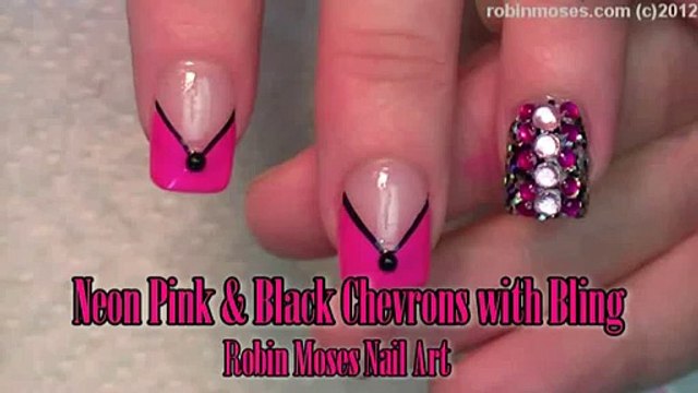 2 Nail Art Tutorials DIY Chevron French Mani Neon Pink & Black BLING Nails!