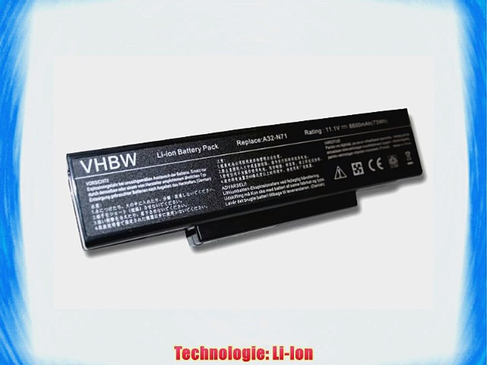 vhbw Li-Ion Akku 6600mAh (11.1V) passend f?r Notebook Asus N71 A72 K72 X72 K73 N73 X73 X77