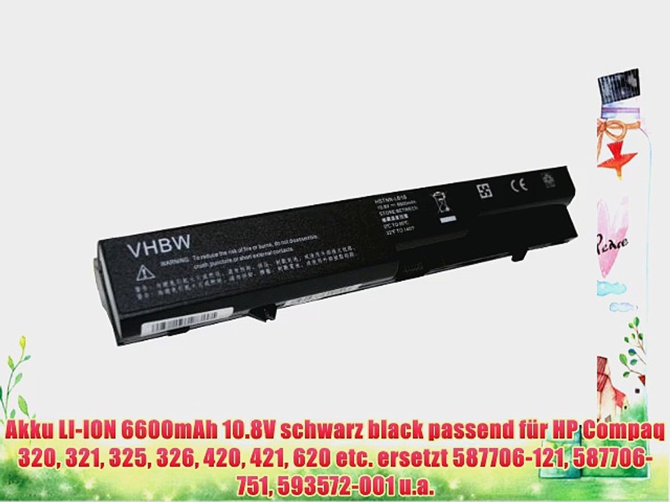 Akku LI-ION 6600mAh 10.8V schwarz black passend f?r HP Compaq 320 321 325 326 420 421 620 etc.