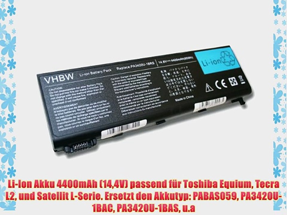 Li-Ion Akku 4400mAh (144V) passend f?r Toshiba Equium Tecra L2 und Satellit L-Serie. Ersetzt