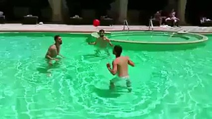 Sergio Ramos & Isco playing keepy-uppy headers in a pool during Real Madrid’s pre-season tour