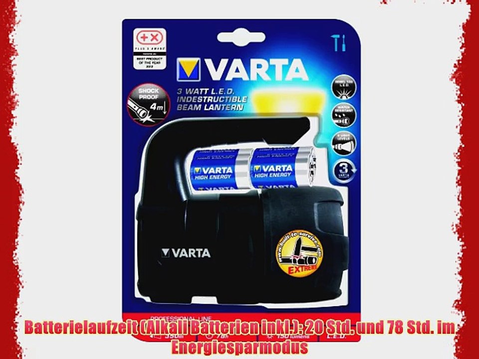 Varta Indestructible 3 Watt LED Lantern 4C Taschenlampe (inkl. 4x C Baby High Energy Batterien)