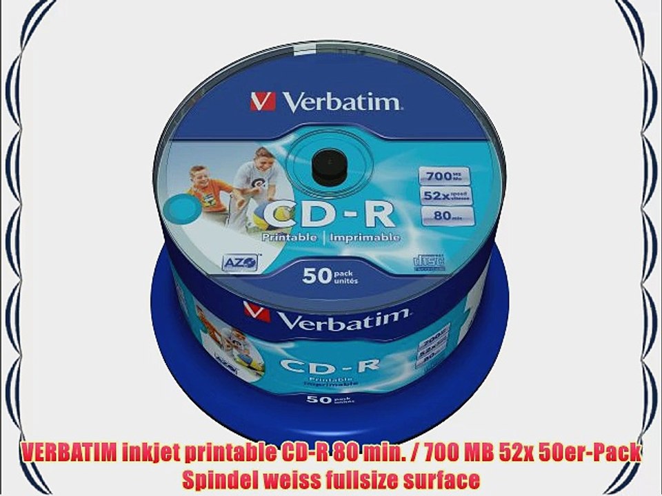 VERBATIM inkjet printable CD-R 80 min. / 700 MB 52x 50er-Pack Spindel weiss fullsize surface