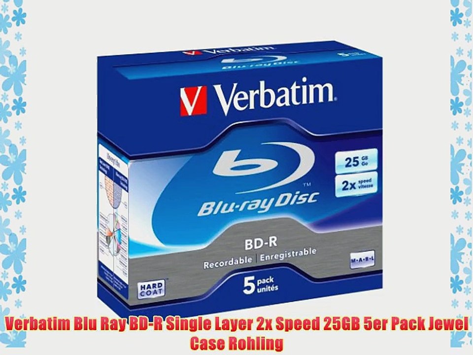 Verbatim Blu Ray BD-R Single Layer 2x Speed 25GB 5er Pack Jewel Case Rohling