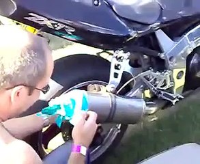 Rubber glove on Kawasaki ZX7 exhaust