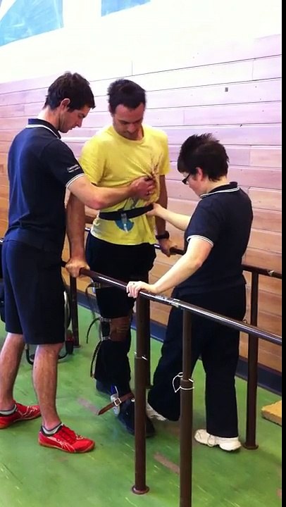 Paraplegic caliper walking for the first time