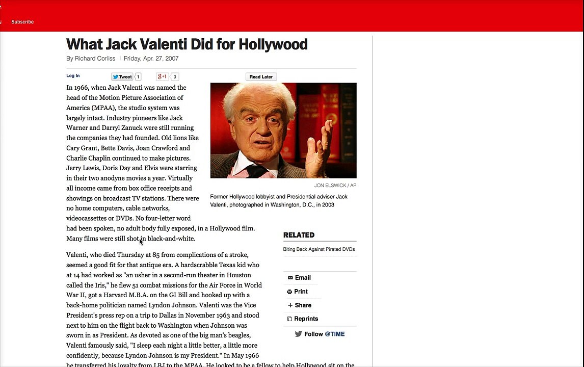 Top Hollywood Exectutive was CIA Agent - Motion Picture Association of America President