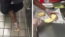 Une employée d'un fast-food nettoie le sol avec un burger avant de le servir